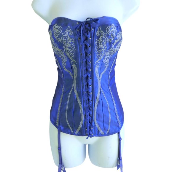 Vintage Satin Embroidered Corset Y2K Fredericks of Hollywood Lace Up Garters 36 - Picture 1 of 8